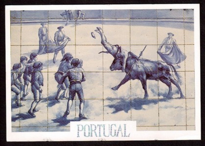 Portugal Cpm Azulejos - mercado de Santarem - Tourada - Pega