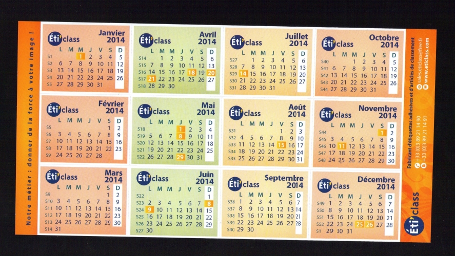 Calendrier Autocollant 2014 éti´class chaque mois est amovible