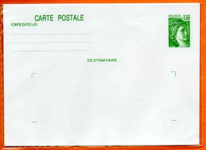 France ENTIER Carte Postale Sabine 1,20f Vert Neuf   