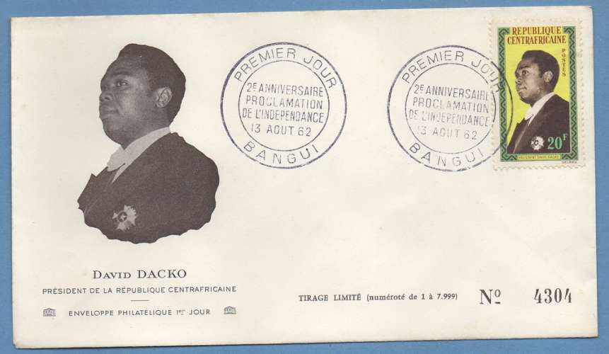 FDC N° 22 CENTRAFRIQUE 1962 Président David Dacko