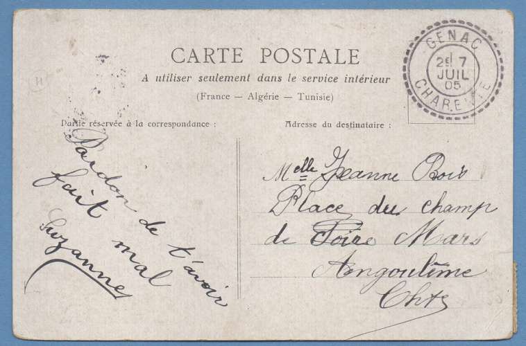 CHARENTE GENAC  Obl FACTEUR BOITIER 1905 (c 17€) scan verso