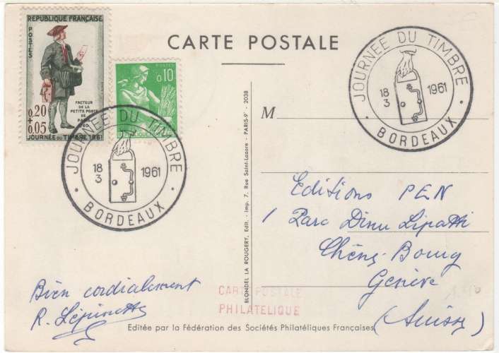 CM JOURNEE DU TIMBRE 1961 BORDEAUX voy > Suisse