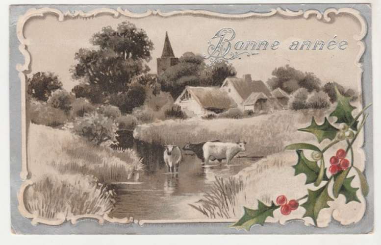 cpa gaufrée Bonne année , moutons 