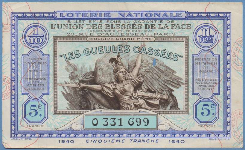 LOTERIE NATIONALE GUEULES CASSEES 1940 5e Tranche