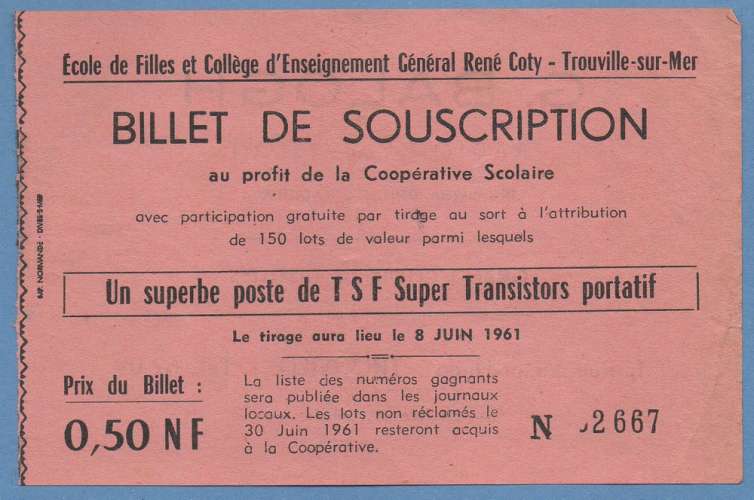 BILLET SOUSCRIPTION ECOLE FILLES TROUVILLE 1961