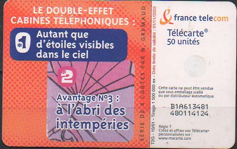 TÉLÉCARTE 50 - CABINES TÉLÉPHONIQUES : A L'ABRI