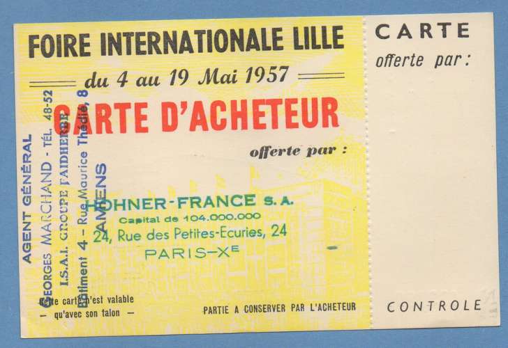 Carte d'acheteur Foire de Lille 1957