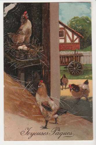 cpa gaufrée Joyeuses Pâques , poules , ferme;