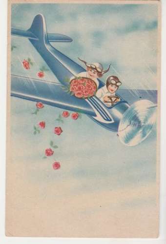 cpsm Fantaisie Avion à hélice et deux enfants 