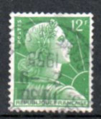 France Oblitéré Yvert N°1010 Marianne Muller 12F Vert 1955