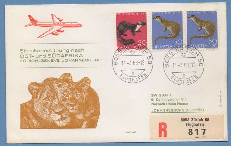 Suisse 1er Vol  Zürich >  Johannesburg RSA 11/4/1968 