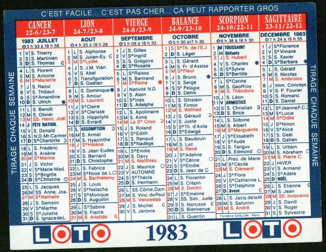 164 - Calendrier de poche - 1983 - Loterie Nationale - 2 scans