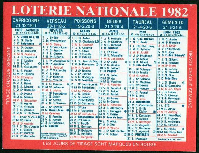 165 - Calendrier de poche - 1982 - Loterie Nationale - 2 scans 