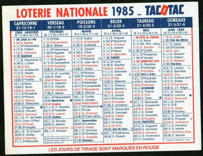 166 - Calendrier de poche - 1985 - Loterie Nationale - 2 scans 