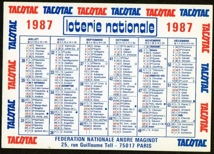 168 - Calendrier de poche - 1987 - Loterie Nationale - 2 scans 