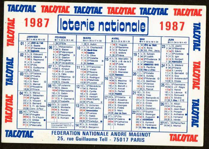 168 - Calendrier de poche - 1987 - Loterie Nationale - 2 scans 