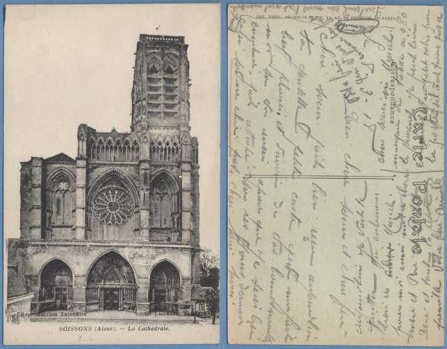 Cpa Soissons cathédrale écrite 1918 