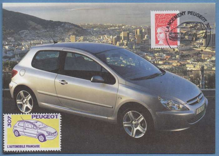 CPM Peugeot 307 BT Lancement Peugeot 307 Sochaux 2001 (répété au verso) + vignette