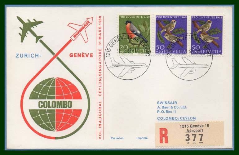 Suisse First Flight Genève > Colombo 1969 / Projuventute 1968 oiseau bird 