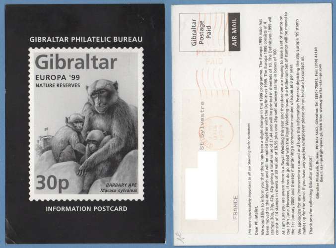 Gibraltar Singe monkey > France timbre Europa 99