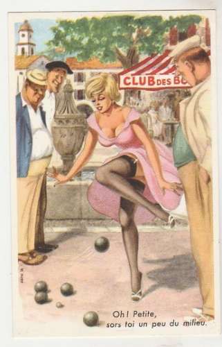 cpsm ( 9x14 ) M . Huet : Oh! Petite .... Humour , pétanque , pin-up .