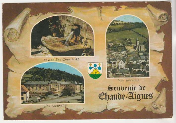  cpm 15 Souvenir de Chaudes-Aigues multivues blason parchemein