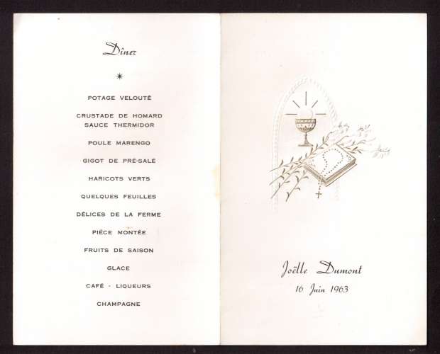 Menu de communion  1963   déjeuner et dîner 