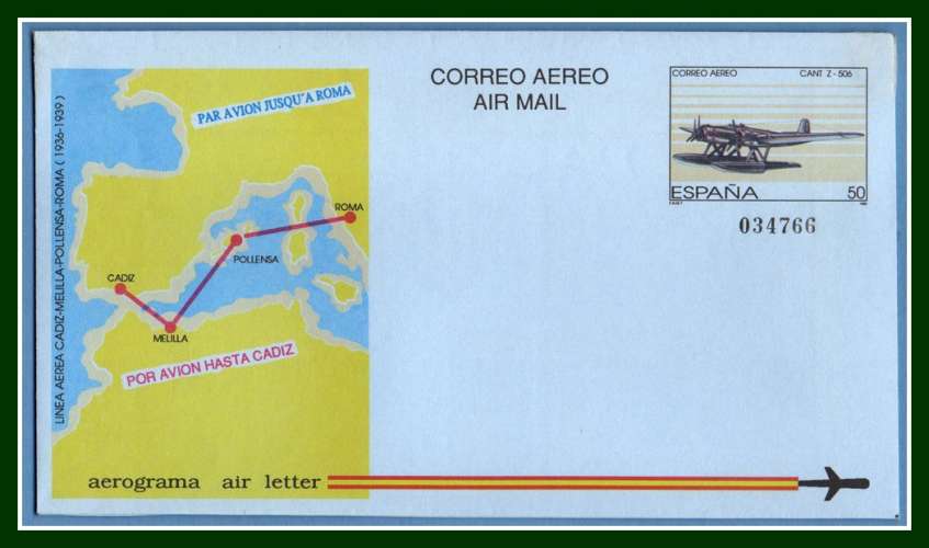 Espagne Aérograma Cadiz > Roma  ** 1989  Avion plane non perforé