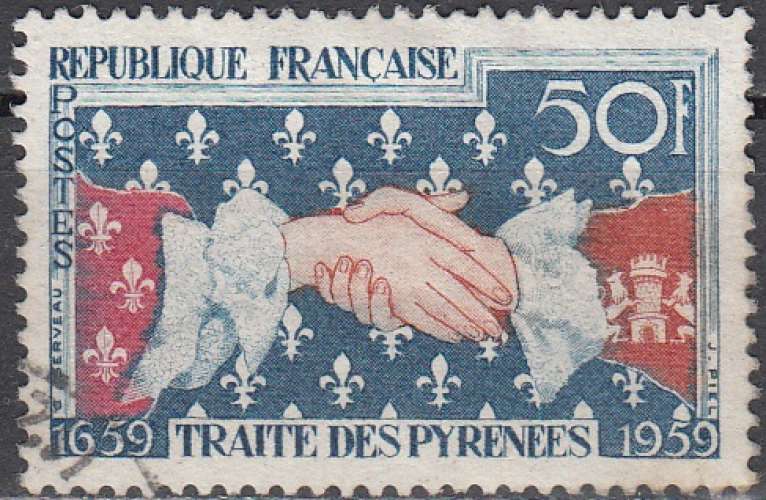 France 1959 Michel 1265 O Cote (2008) 0.50 € Symbole du traité des Pyrenées Cachet rond