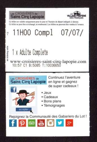 France 2017  Aveyron ticket croisières de Saint Cirq Lapopie