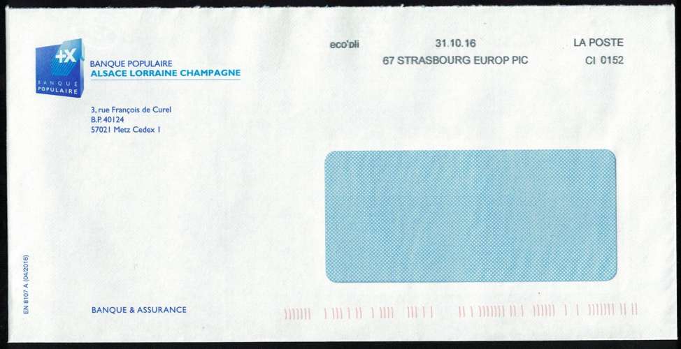 France Enveloppe Banque Populaire Alsace Lorraine Champagne 57 Metz