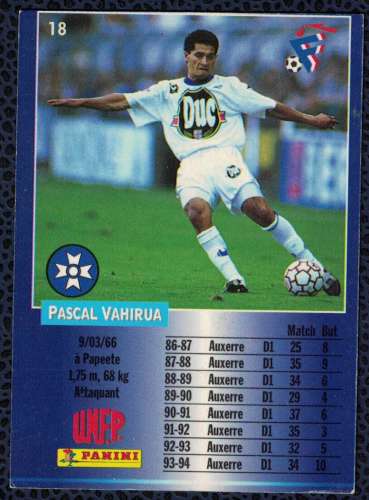 Panini Football Pascal Vahirua Attaquant Auxerre 1995 Carte N° 18