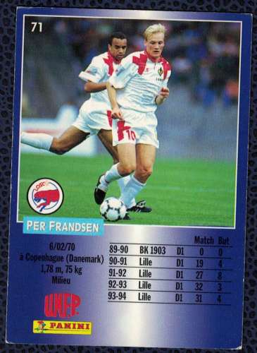 Panini Football Per Frandsen Milieu Lille 1995 Carte N° 71