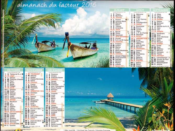 Calendrier 2016 almanach du facteur Oberthur Polynésie française  - Philippines - Seychelles