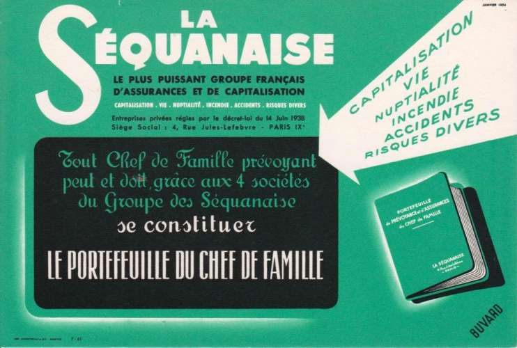 France Buvard publicitaire Assurances La Séquanaise (fond vert)