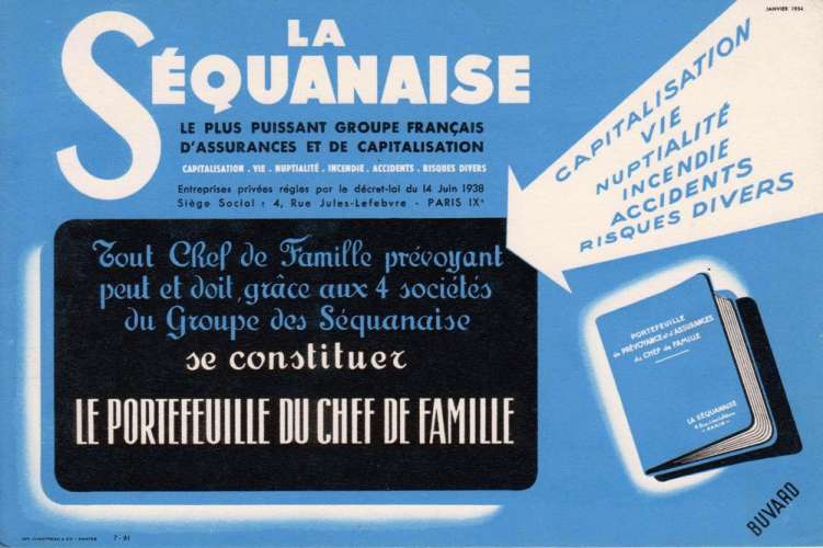 France Buvard publicitaire Assurances La Séquanaise (fond bleu)