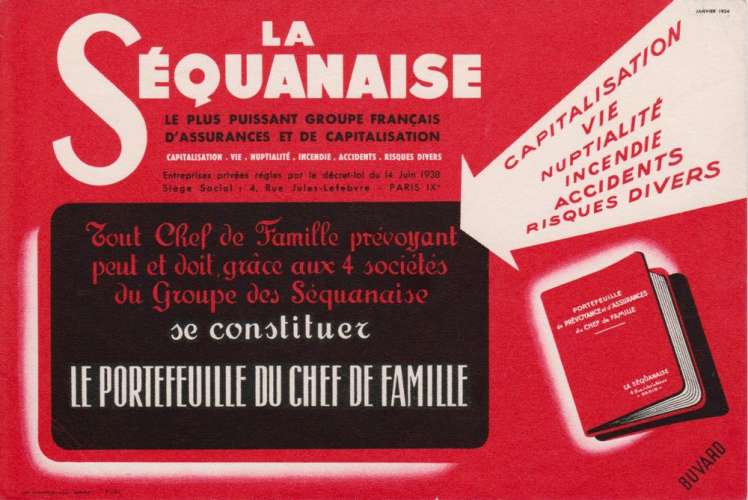 France Buvard publicitaire Assurances La Séquanaise (fond rouge)