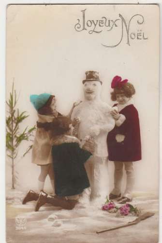 cpa Joyeux Noël fillettes et bonhomme de neige 