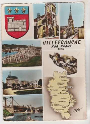 cpsm 69 Villefranche-sur-Saône Multivues , carte géographique , blason