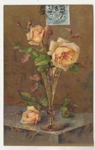 cpa Fantaisie un vase avec des roses ( peinture )