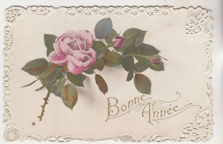 cpa Fantaisie Bonne année roses  ,contour en dentelle