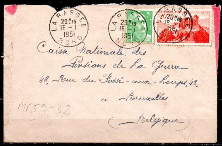 Dept 59 (Nord) LA BASSEE 1952 > Cachet type A7 > Tarif etranger Belgique 