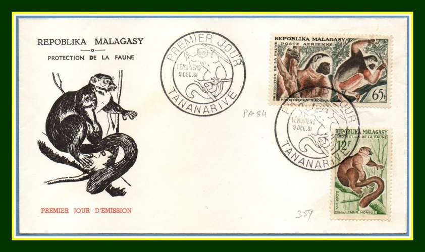 Madagascar FDC N° 359 + PA 84 Singes Lémuriens 1961