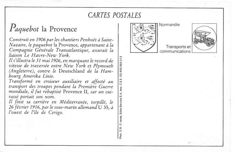 Nos paquebots transatlantiques - La Provence (reproduction)