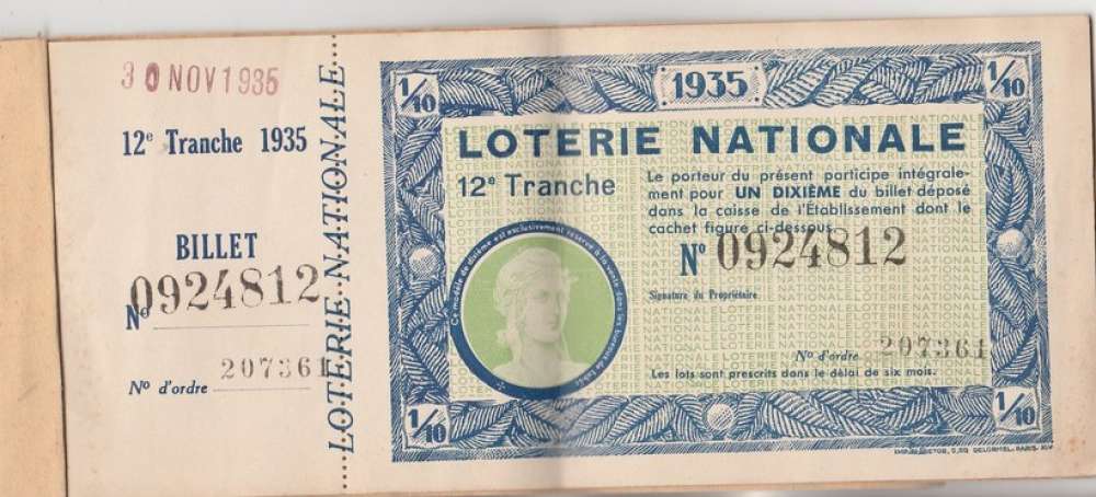 carnet de billets Loterie Nationale 12e tranche  30 Nov 1935