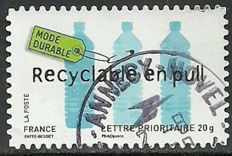 France 2008 - Environnement - Recyclable en pull - Autoadhésif 190 (4212) oblitéré .