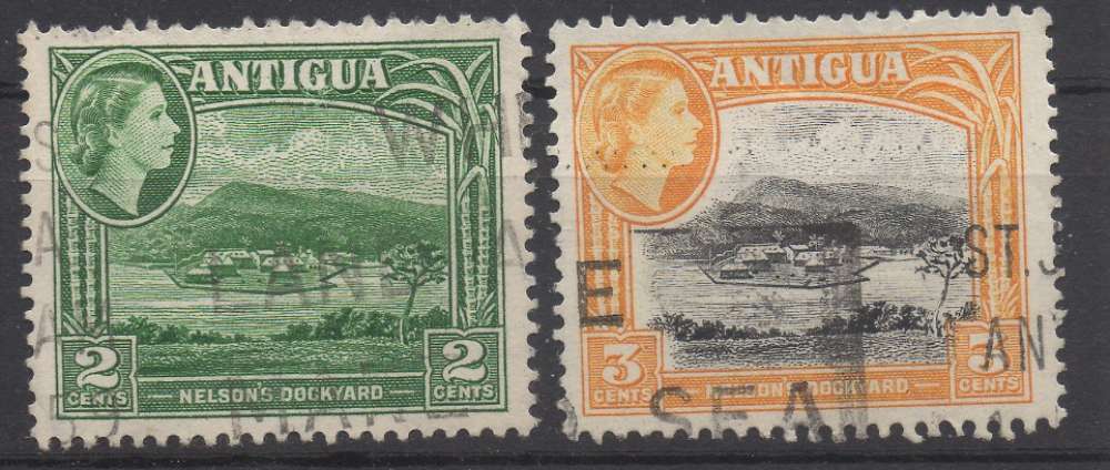 Antigua 1953 - Y & T : 105 et 106 - Reine et paysages