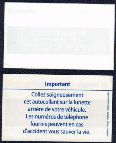 Autocollant Assistance Allianz Mondial Assurances collage intérieure vitre