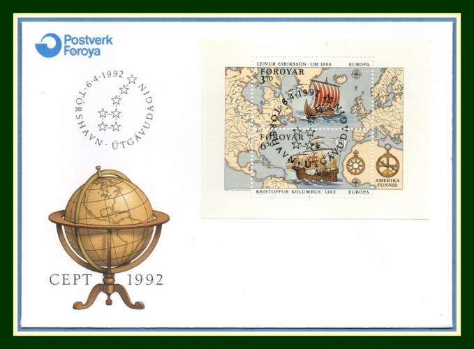 Féroé FDC Bloc N° 5 Europa 1992 Christophe Colomb Navigateur Voilier