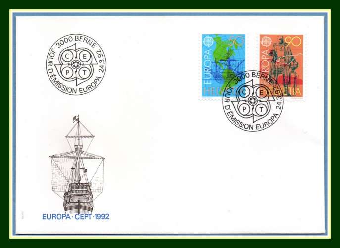 Suisse FDC N° 1393 1394 Europa 1992 Christophe Colomb Navigateur Voilier